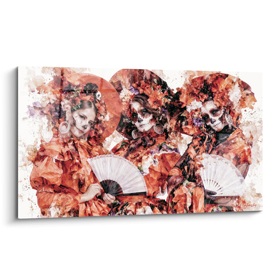 Trois catrinas orange et blanches aux coiffes fleuries composent ce tableau Dia de los Muertos peint