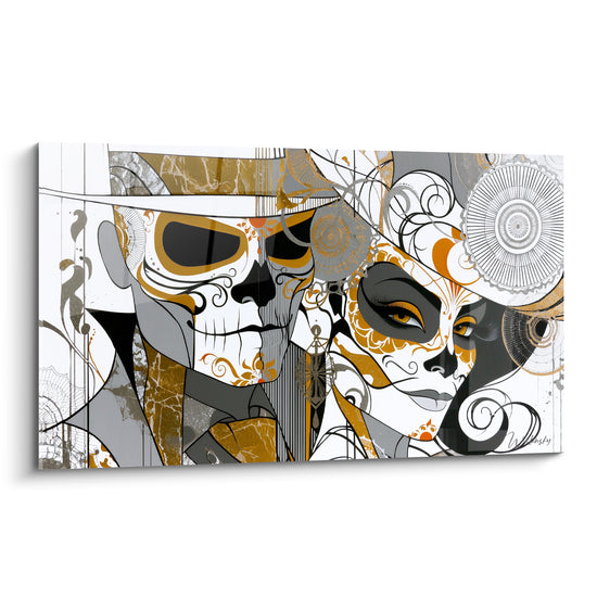 Crânes peints Dia de los Muertos en doré, gris anthracite et blanc, visages superposés graphiques