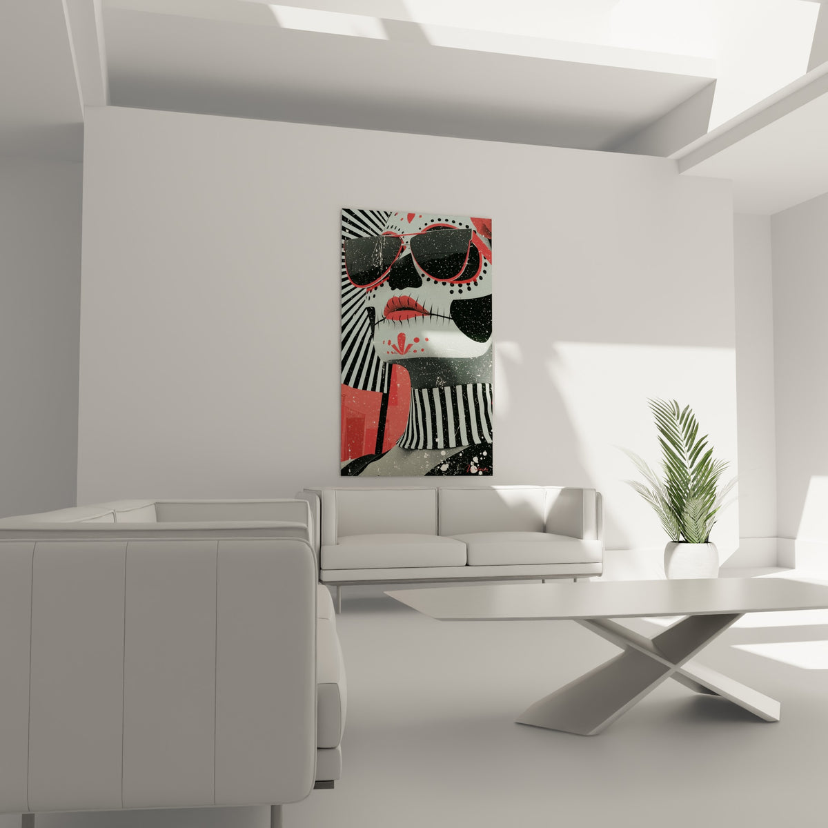 Portrait crâne mexicain rayé noir et blanc, touches rouge corail, au-dessus d'un canapé dans un salon lumineux