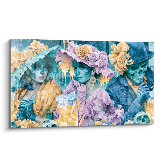 Trio Dia de los Muertos au teint bleu pastel, chapeaux fleuris dorés et mauves, visages maquillés en calaveras