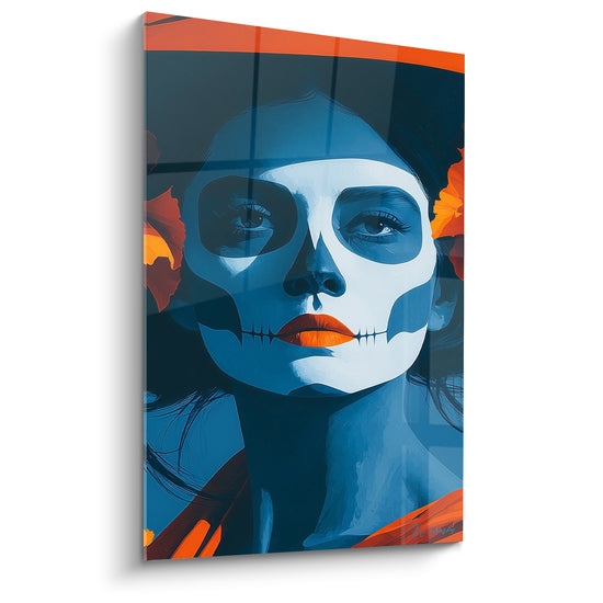 Visage bleu marine maquillé en crâne peint, lèvres orange vif, fleurs orangées, style graphique Dia de los Muertos