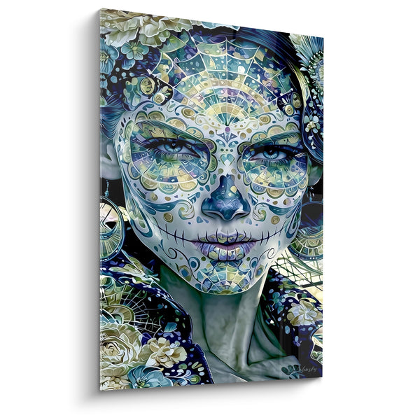 Tableau Visage peint bleu et ivoire à la toile d'araignée frontale - Regard bleu perçant - Edition Dia de los Muertos