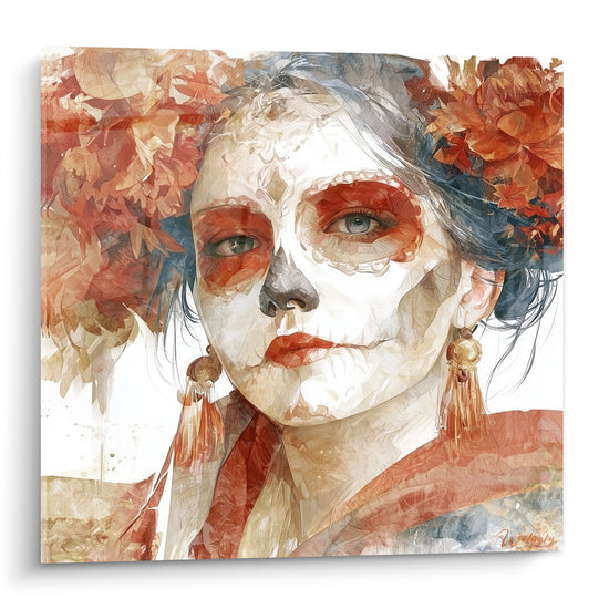 Visage peint terracotta et bleu marine, fleurs orangées, tableau Dia de los Muertos aux yeux bleus perçants