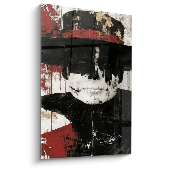 Visage au maquillage funéraire, chapeau noir et rouge, tableau Dia de los Muertos texturé