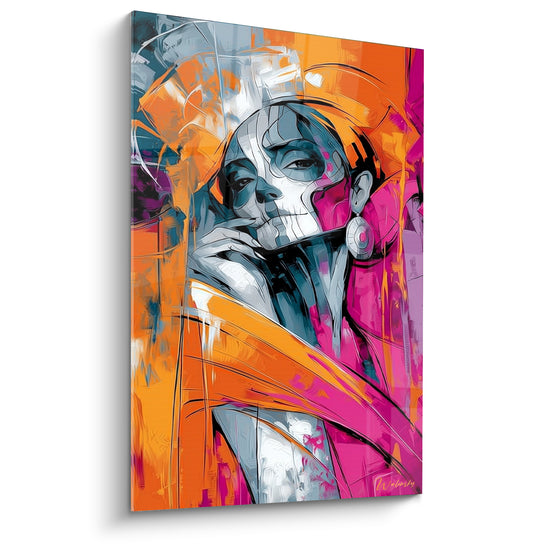 Visage maquillé Dia de los Muertos aux teintes orange et fuchsia, boucle d'oreille ronde, style peint expressif