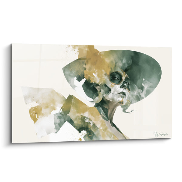 Tableau Visage peint vert et ocre au large chapeau - Éclaboussures aquarelle diffuses - Edition Dia de los Muertos