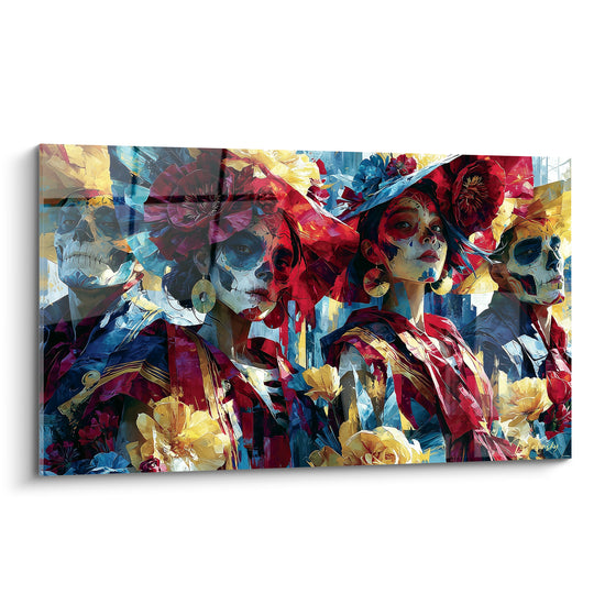 Visages maquillés Dia de los Muertos en rouge et bleu marine, fleurs dorées, style pictural fragmenté