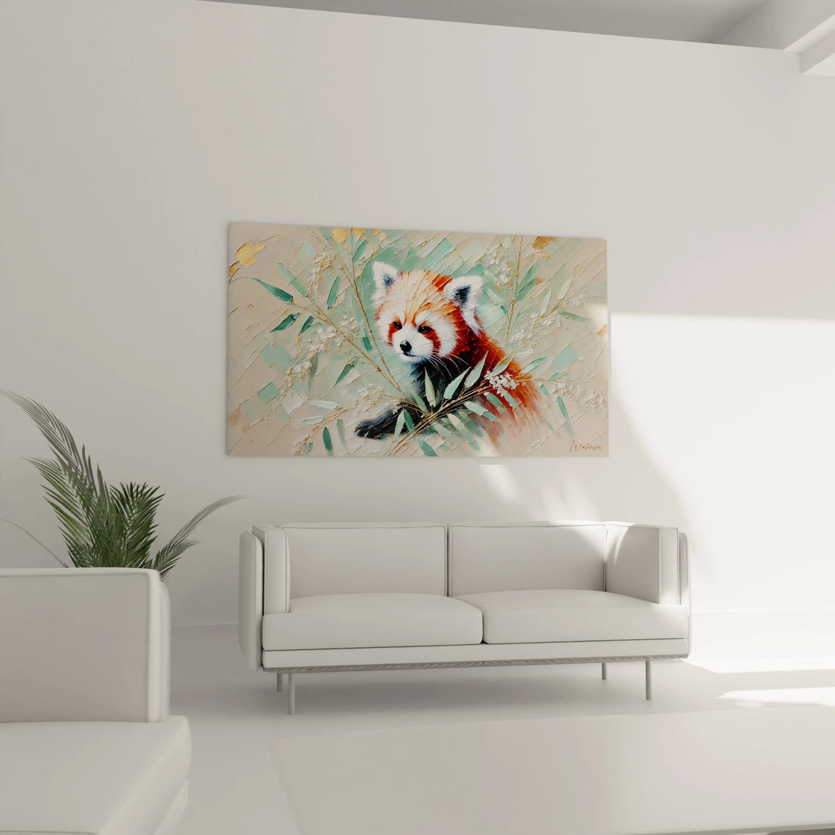 Sublimez votre salon avec le tableau panda roux au dessus du canapé, un ajout artistique qui apporte chaleur et connexion emotionnelle.
