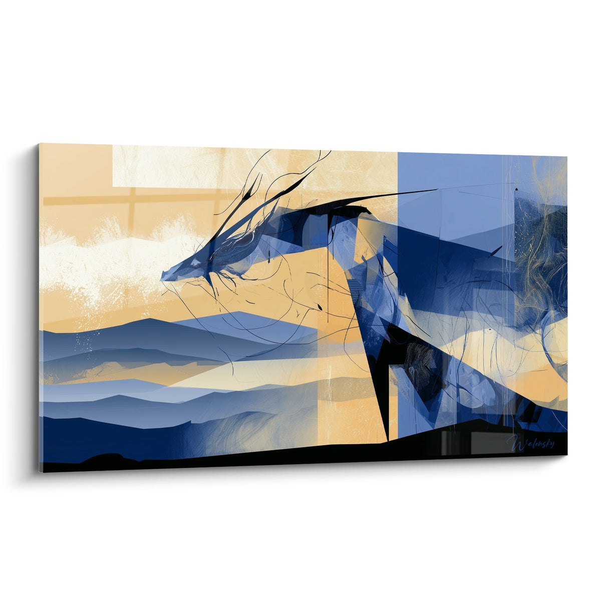 Dragon filiforme noir sur fond bleu marine et ocre fragmenté en aplats géométriques