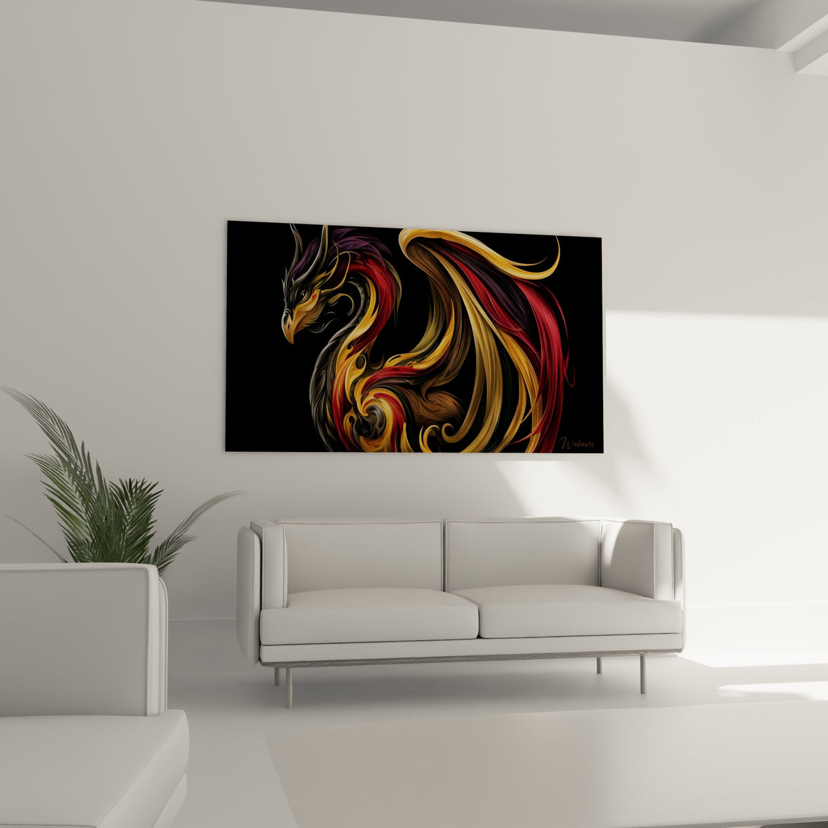 Dragon aux reflets cuivrés et bordeaux accroché au-dessus d'un canapé dans un salon lumineux