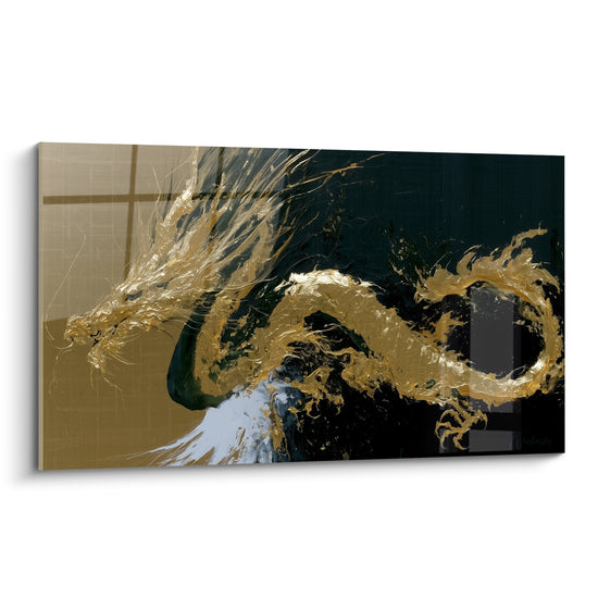 Dragon doré aux volutes fluides se déployant sur un fond anthracite et beige sable