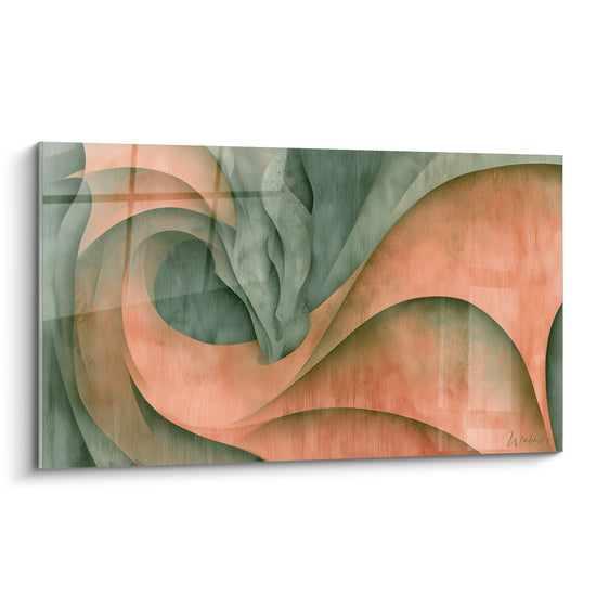 Spirale abstraite Dragon en terracotta et vert sauge, courbes fluides et texture peinte veloutée