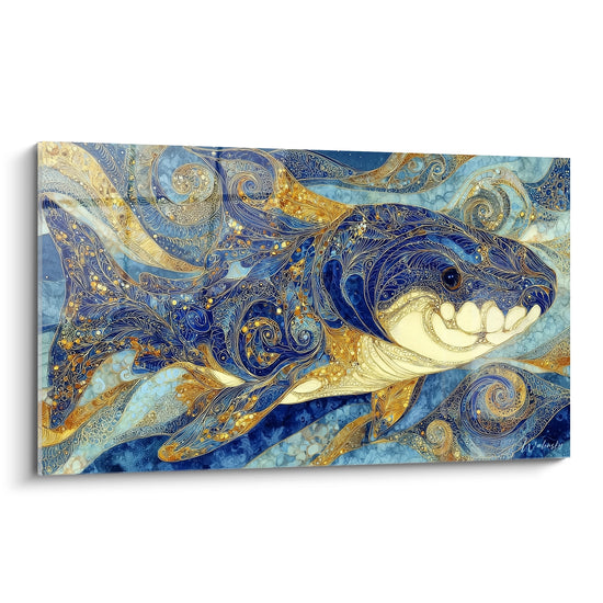 Tableau mural Dunkleosteus ornemental bleu et or style Art Nouveau décoration poisson préhistorique