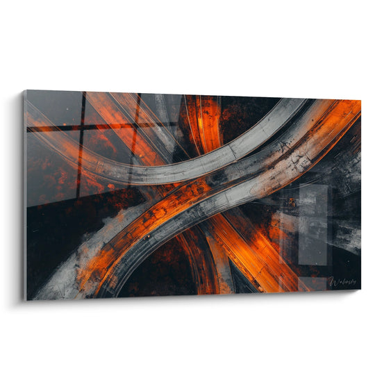Tableau mural échangeur autoroutier abstrait orange et gris, art architectural moderne vue aérienne intersection