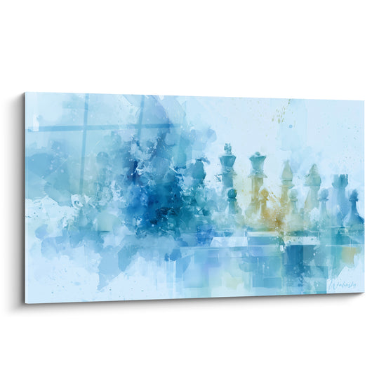 Échiquier bleu marine et doré en aquarelle, pièces fondues dans une brume picturale légère