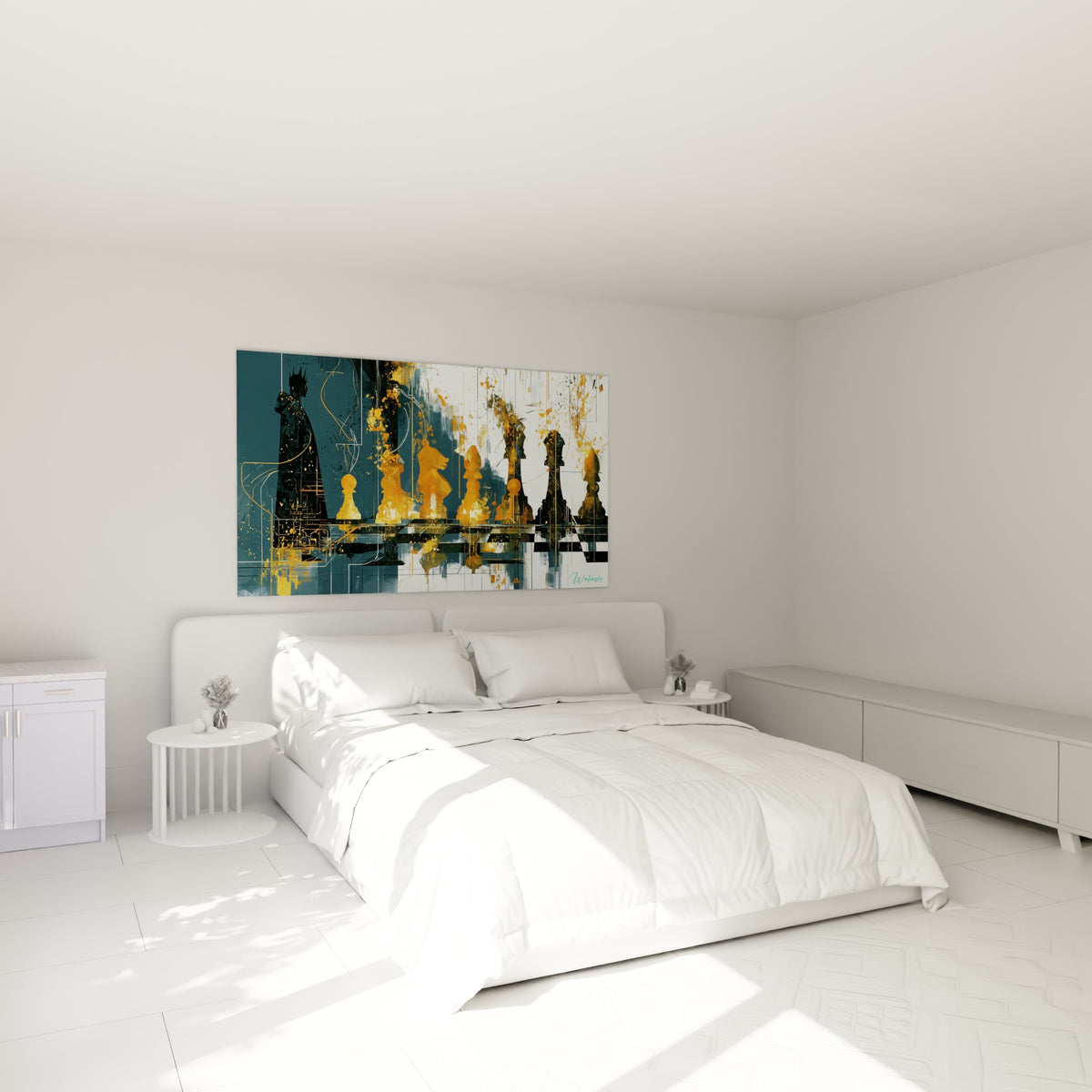 Cavaliers et pions d'échecs dorés et bleu ardoise au-dessus d'un lit dans une chambre claire