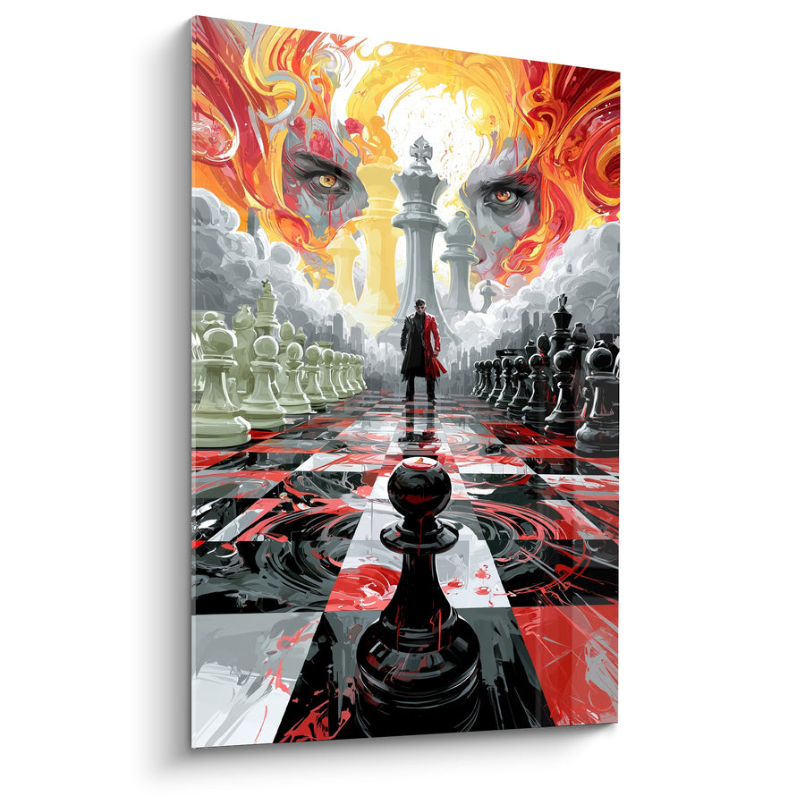 Tableau Échiquier rouge et noir aux pièces géantes - Duel final - Edition Echecs