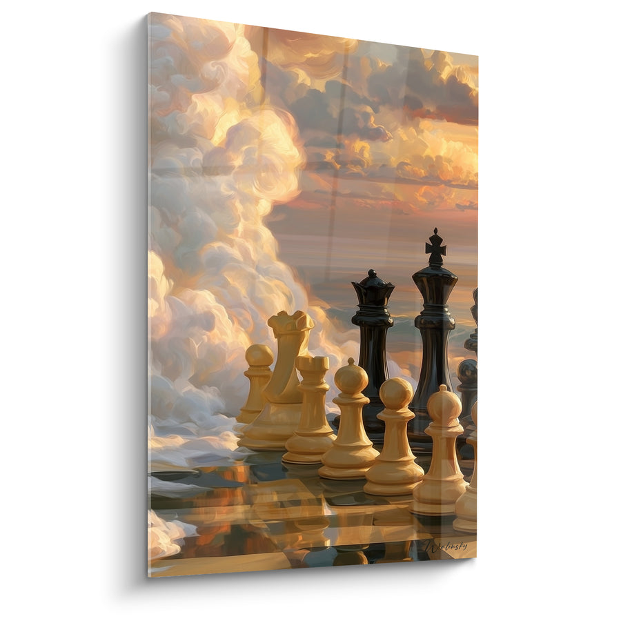 Tableau Pièces d'échecs ivoire et noires dans les nuages - Confrontation céleste - Edition Echecs