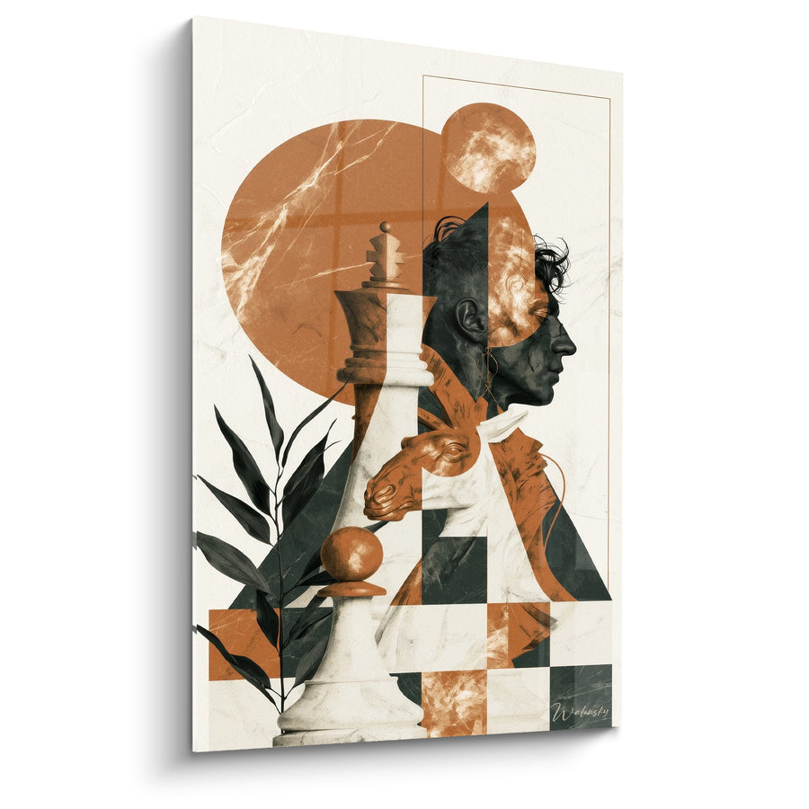 Tableau Roi ivoire et terracotta profil superposé - Feuillage sombre au premier plan - Edition Echecs