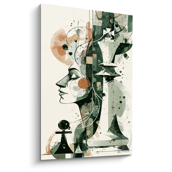 Tableau Visage féminin vert et pièces d'échecs - Pensée stratégique - Edition Echecs