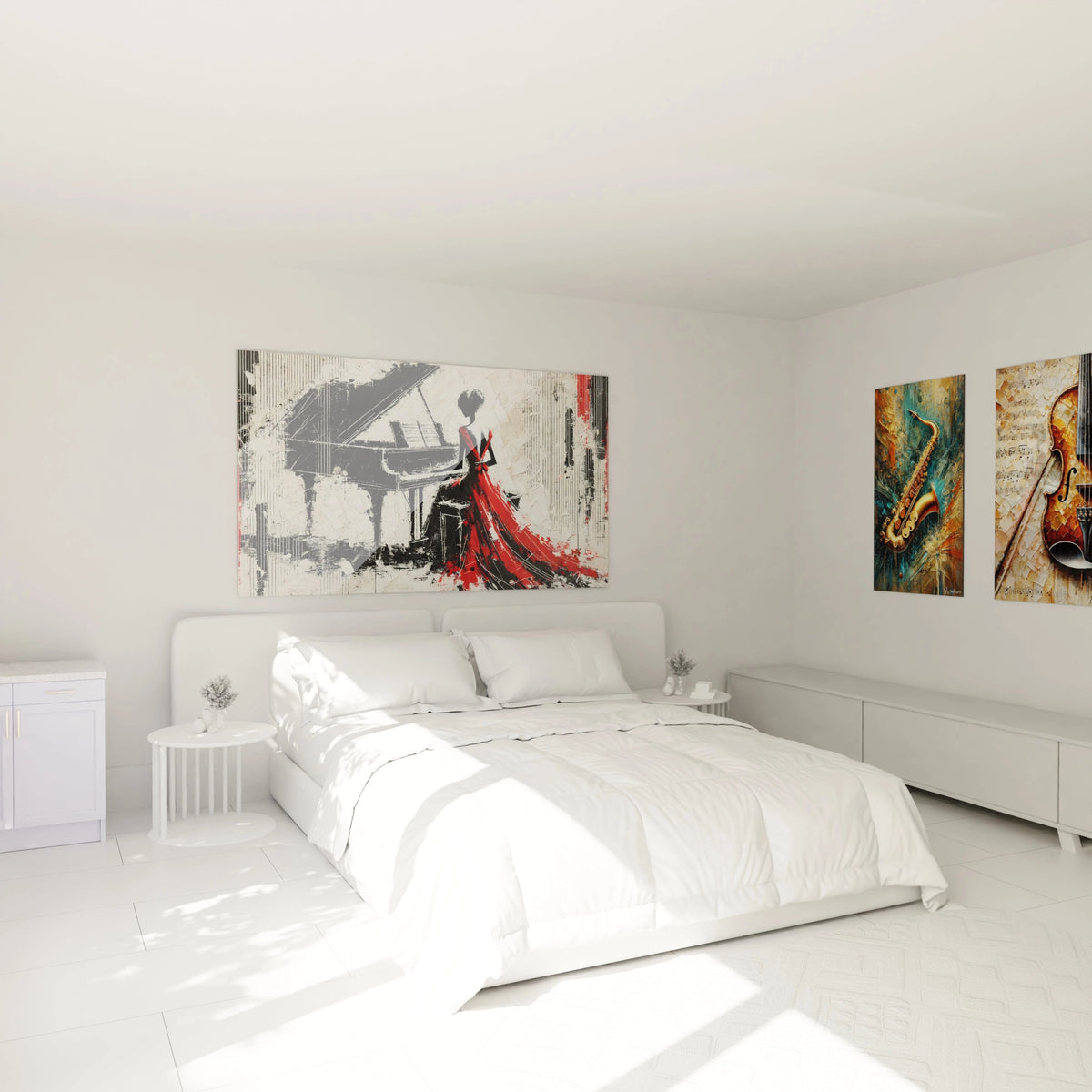 "Tableau accroché dans une chambre au-dessus du lit. La robe rouge éclatante de la femme et le piano noir créent une ambiance intime et artistique, parfaite pour sublimer l’espace."

