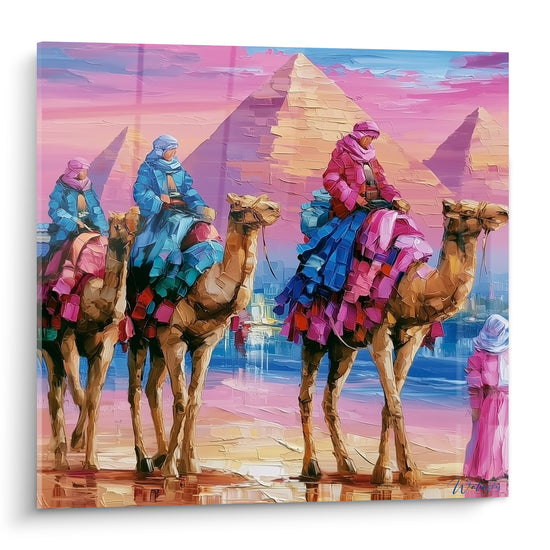 Caravane de chameaux bleu marine et rose devant les pyramides d'Égypte au couteau