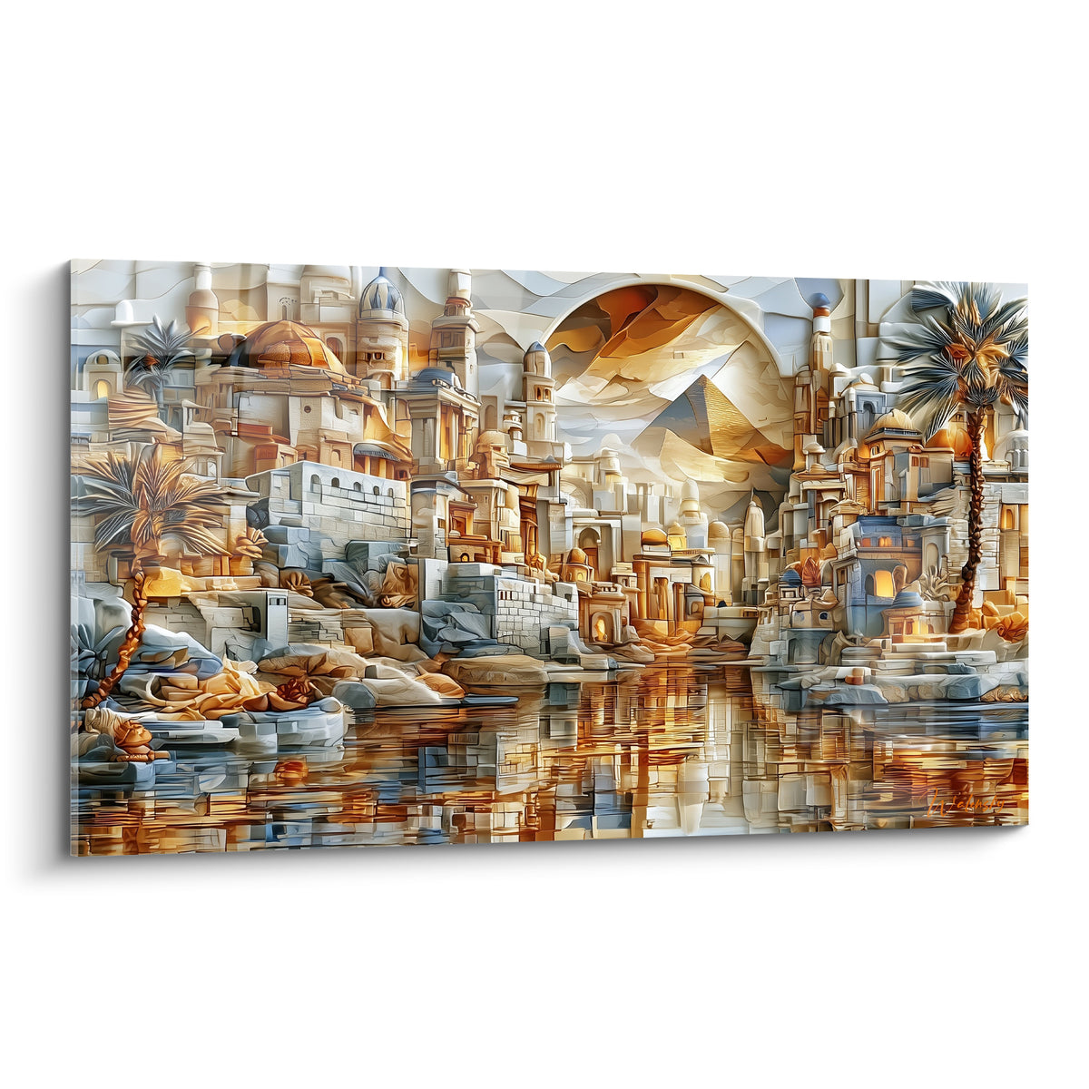 Cité égyptienne dorée et bleu ardoise sculptée en relief au bord d'une eau calme