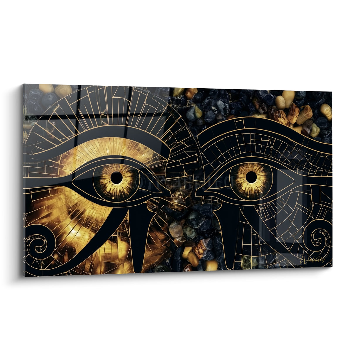 Deux yeux d'Horus dorés et noirs graphiques sur fond de pierres ocre et anthracite