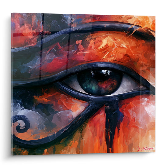 Œil d'Horus peint en orange et anthracite, iris vert émeraude, style flamboyant