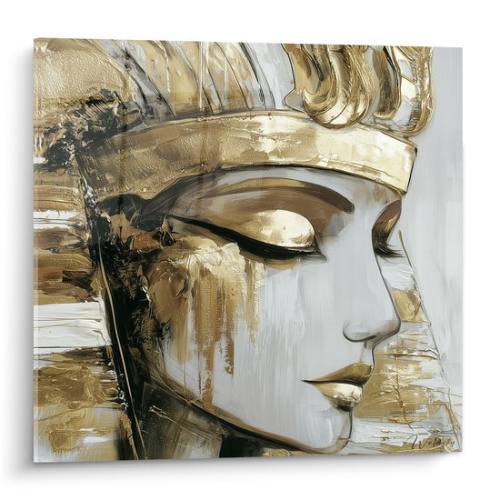 Pharaonne au profil blanc et coiffe dorée, empâtements texturés et fond anthracite épuré