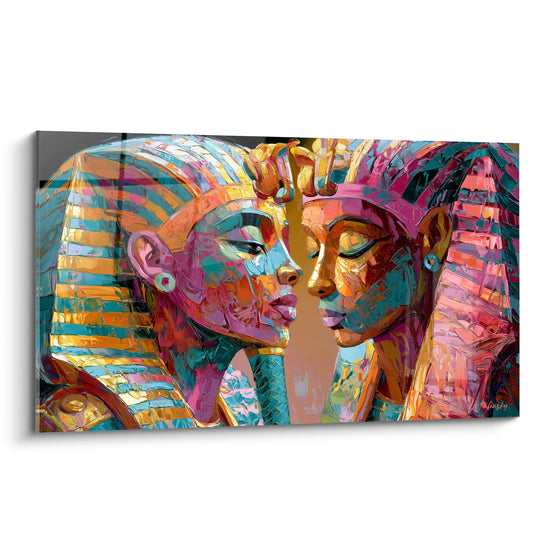 Deux pharaons égyptiens dorés et turquoise se font face, coiffes rayées et visages texturés en gros plan