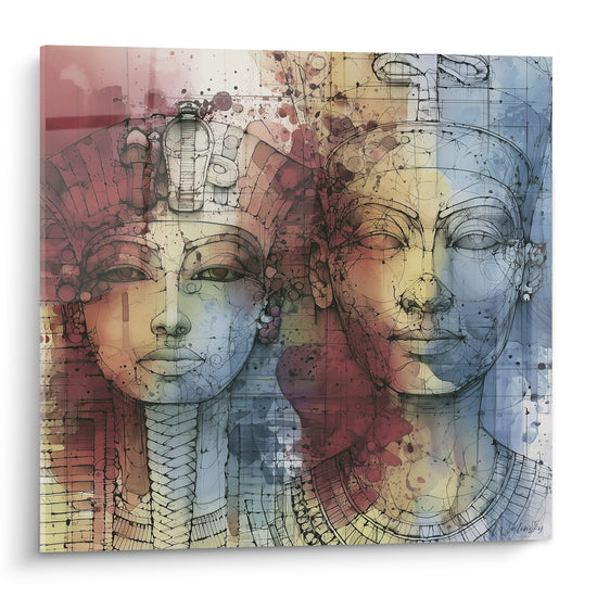 Deux pharaons égyptiens esquissés en ocre, bleu marine et bordeaux sur fond éclaboussé