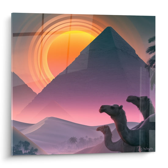 Pyramide violette et soleil orangé dominent ce tableau désert avec dromadaires en silhouette