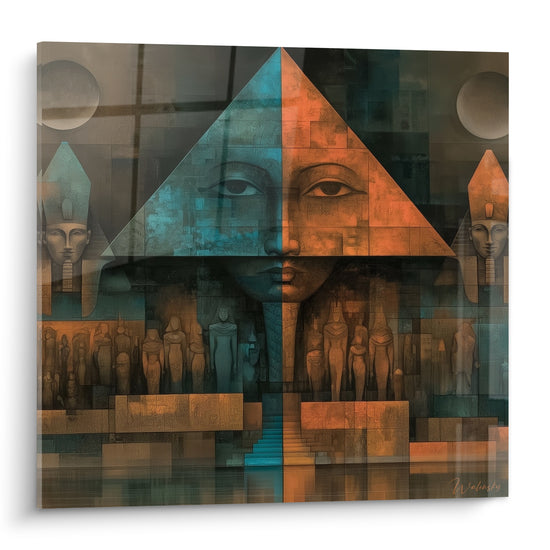 Pyramide bicolore bleu anthracite et terracotta au visage pharaonique sculpté sur toile