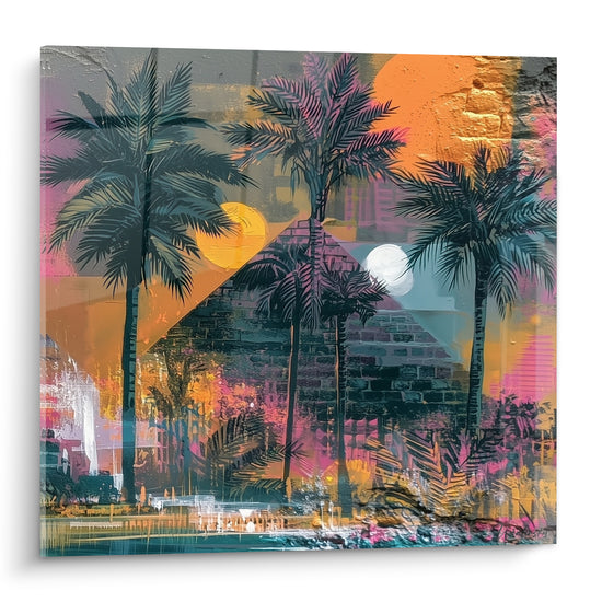 Pyramides égypte ocre et roses avec palmiers anthracite sous double lune dorée et blanche