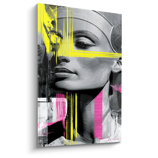Profil de reine égyptienne en gris sculpté, traversé de lignes jaune fluo et rose vif
