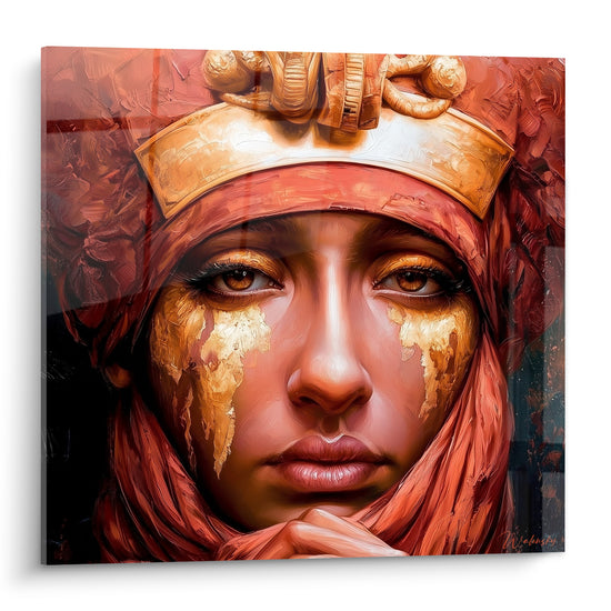 Reine égyptienne au regard ambré, larmes dorées et coiffe terracotta peintes à l'huile