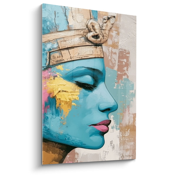 Tableau Reine égyptienne turquoise et jaune au cobra doré - Lèvres roses closes - Edition egypte