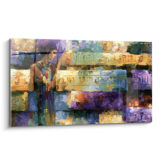 Silhouette égyptienne violette contemplant des hiéroglyphes dorés sur fond bleu et prune