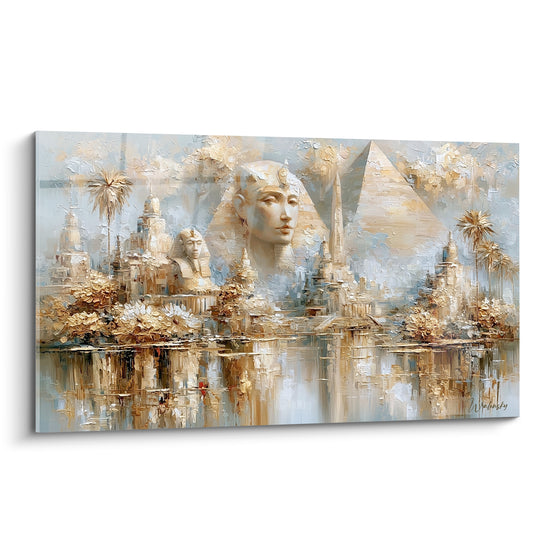 Sphinx doré et pyramides bleu pastel peints en empâtements sur toile égyptienne texturée