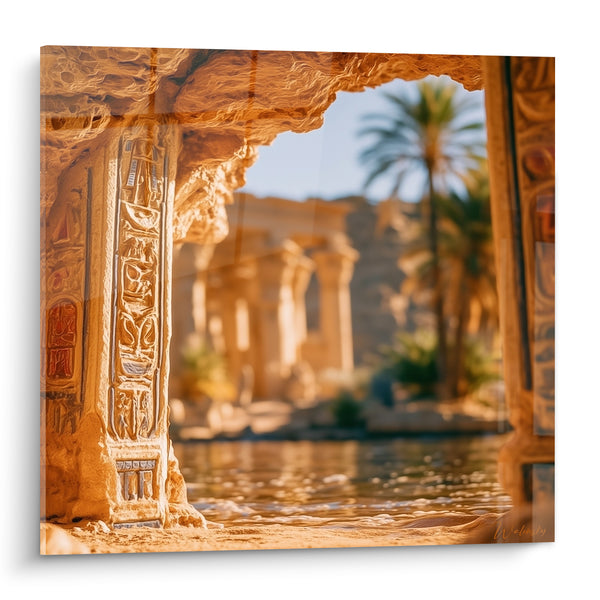 Tableau Temple ocre aux hiéroglyphes gravés - Sanctuaire doré du Nil - Edition egypte