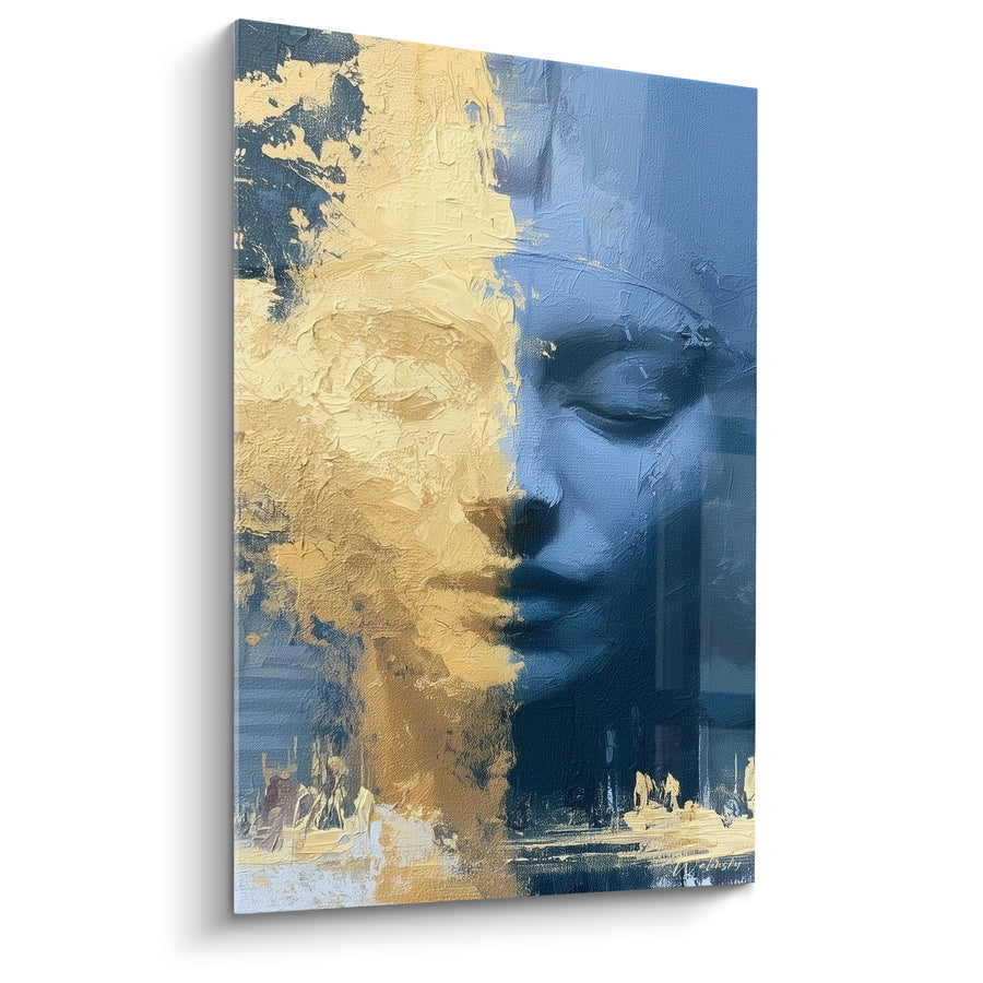Tableau Visage pharaonique doré et bleu mi-partie - Silhouettes en contrebas - Edition egypte