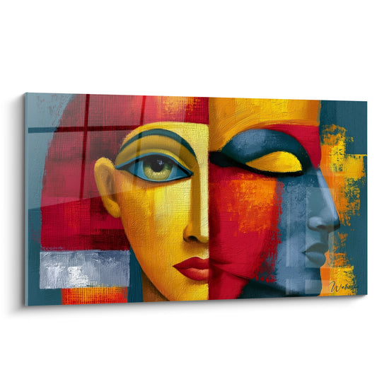 Visage pharaonique doré et rouge, œil bleu khôl ouvert, profil bleu pétrole aux yeux clos, blocs géométriques
