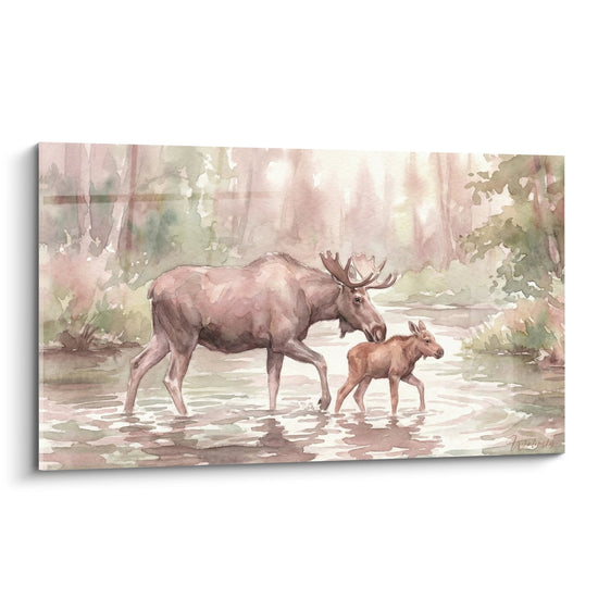 Tableau aquarelle elan et elançon tons roses dans foret avec reflets eau style tendre edition elan