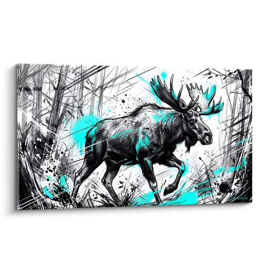 Tableau moderne elan majestueux noir et turquoise avec eclaboussures colorees sur fond blanc art graphique