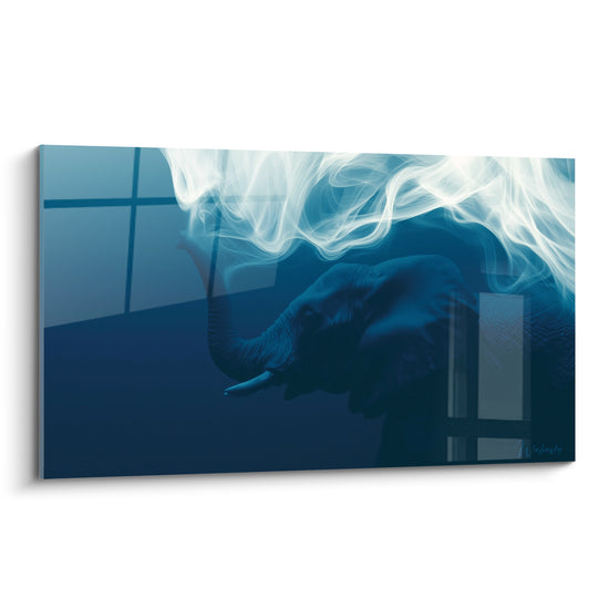 Tableau Éléphant bleu marine et blanc dans la fumée - Souvenir enfoui - Edition Elephant