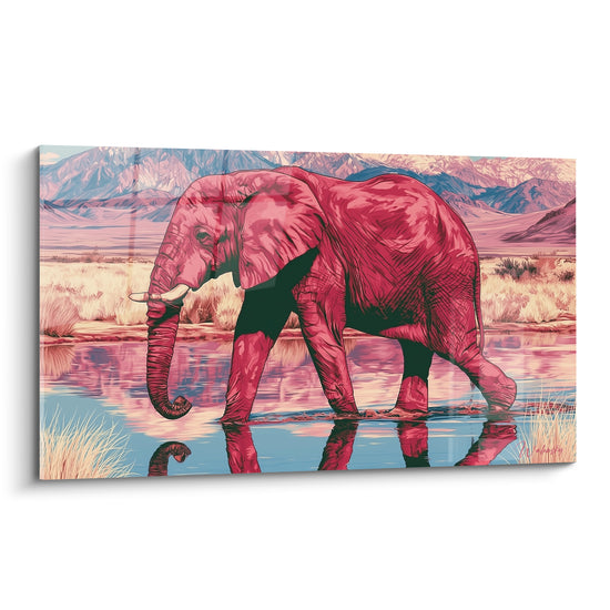 Tableau Éléphant rose et bleu au point d'eau - Traversée du crépuscule - Edition Elephant