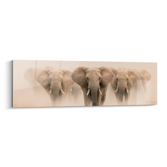 Tableau Éléphants gris beige troupeau brumeux - Marche dans la brume - Edition Elephant