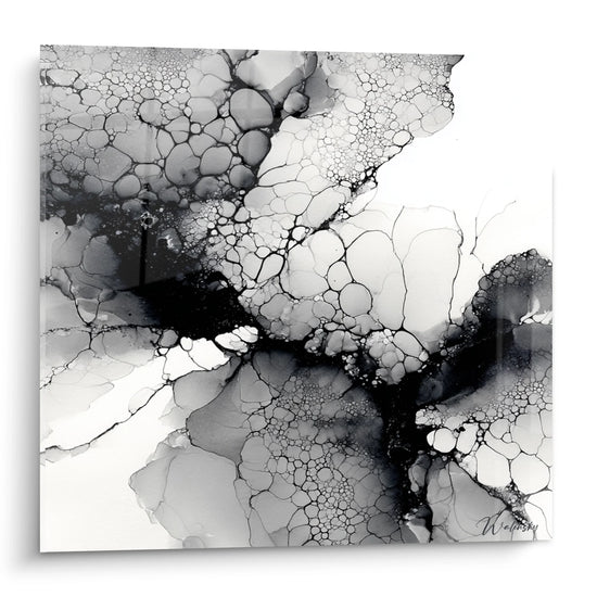 Tableau encre fluide noir et blanc avec formes organiques et bulles cellulaires art abstrait moderne