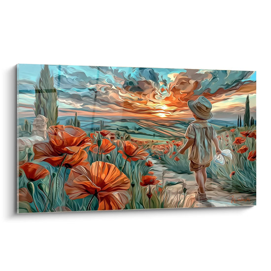 Tableau enfant au chapeau se promenant dans champ de coquelicots rouges au coucher de soleil avec cyprès